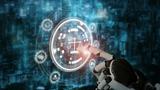 AI ethics or law concept with a robot hand touching a screen displaying scales of justice, photo by Parradee/Adobe Stock