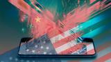 Illustration of data coming from a cell phone superimposed over Chinese and American flags, images by David Peperkamp/Getty Images and somemeans/Adobe Stock