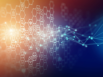 Technology concept image with symbols on an abstract background, photo by blackred/GettyImages
