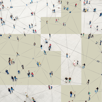 Aerial view of people walking with lines connecting them in a network